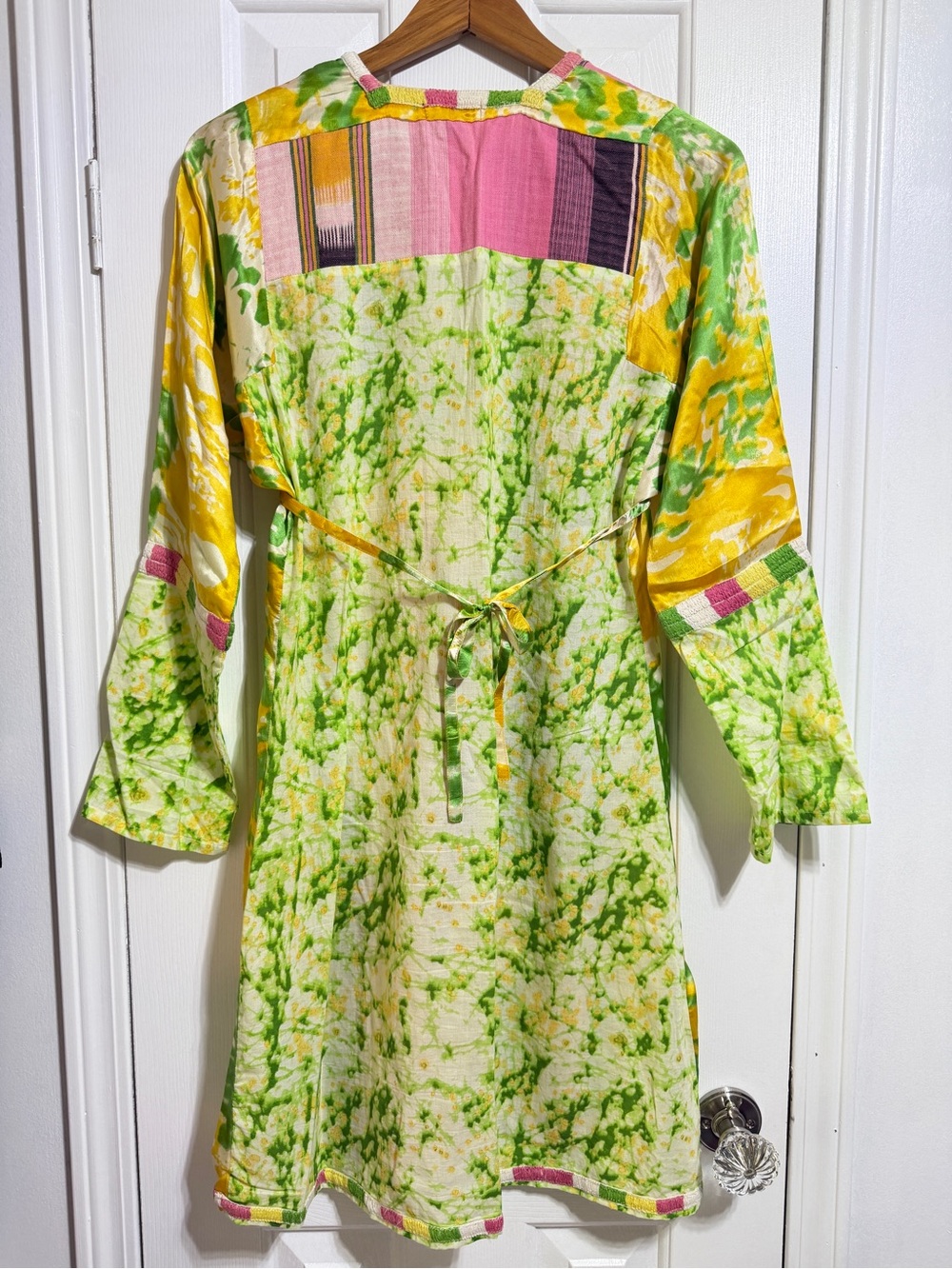 Aoyama Itchome silk cotton boho patchwork colorful geo Aztec pink yellow dress S - Picture 3 of 6